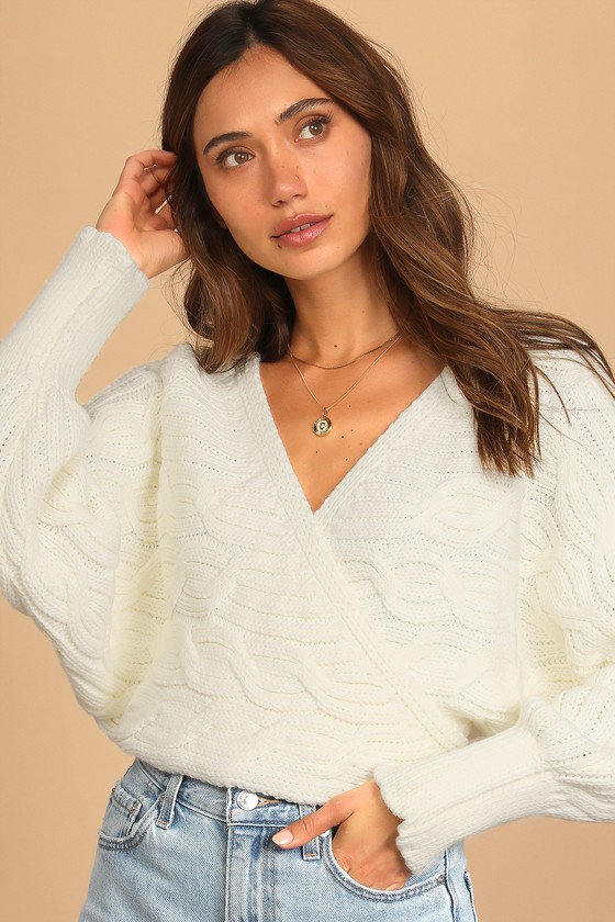 Ivory Wrap Sweater - Cable Knit Wrap ...